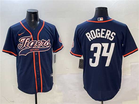 Mens Detroit Tigers #34 Jake Rogers Navy With Patch Cool Base Stitched Jersey